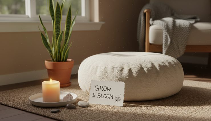 Wide-angle view of a small manifestation corner with a cushion, candle, plant, and handwritten intention card.