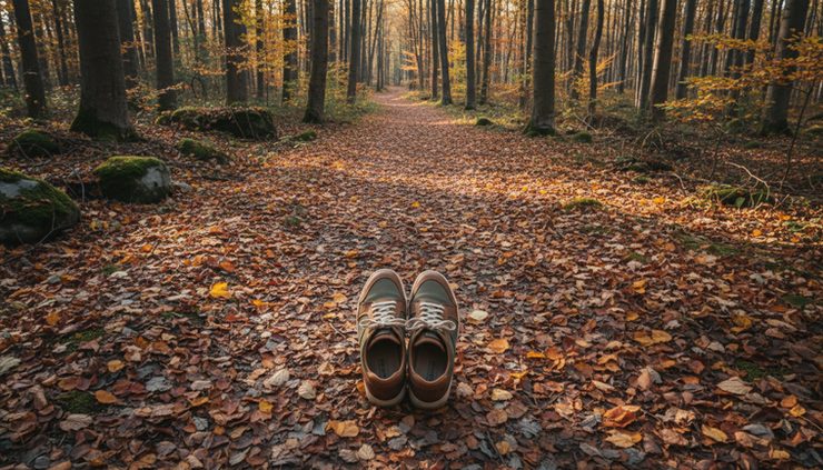 Overhead view of walking shoes on a quiet forest path covered with soft leaves