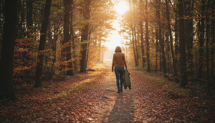 Wide-angle view of a person walking alone on a wooded trail in late afternoon light.