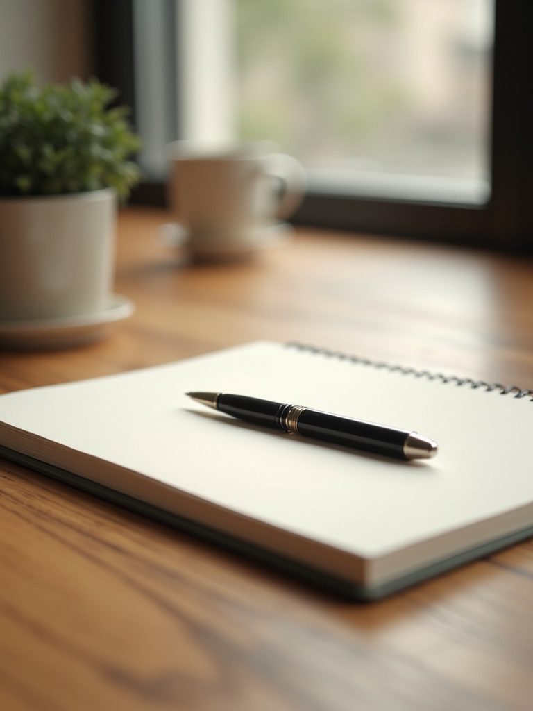 Close-up view of a gratitude journal with handwritten entries and a pen