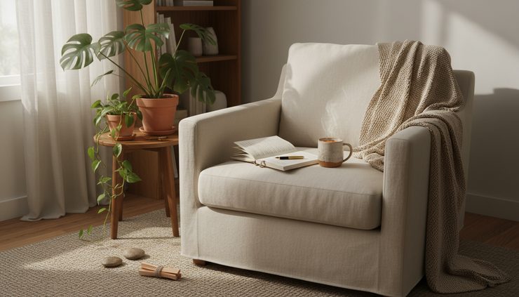 Wide-angle view of a calm bedroom corner with a journal, plants, and soft morning light.