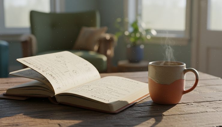Close-up view of a handwritten journal beside a mug on a wooden table