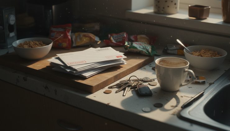 Close-up of a cluttered kitchen counter with unopened mail, keys, and a cold coffee cup.