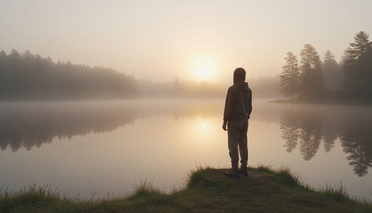 Wide-angle view of a quiet person standing at the edge of a misty lake at sunrise