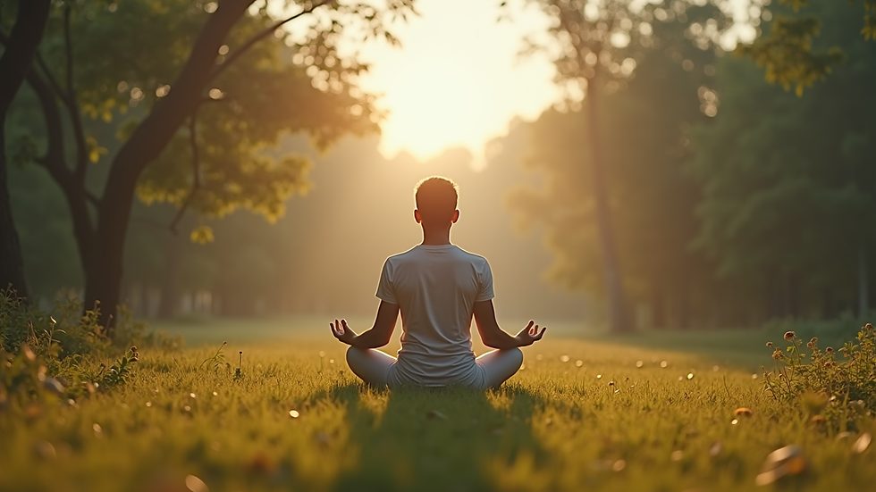 Eye-level view of a person meditating in a peaceful natural setting