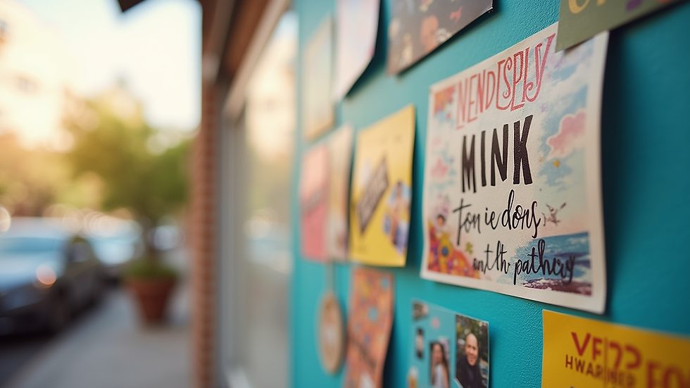 Close-up view of a colorful vision board with images and motivational quotes