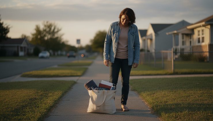 Eye-level view of a person standing alone on a quiet neighborhood sidewalk at sunset.