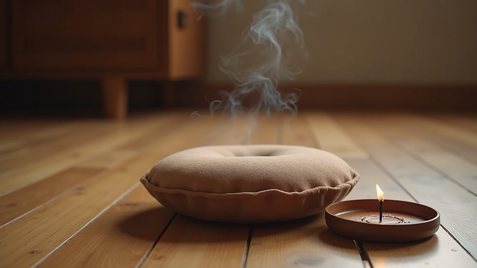 Close-up view of a meditation cushion and incense on a wooden floor