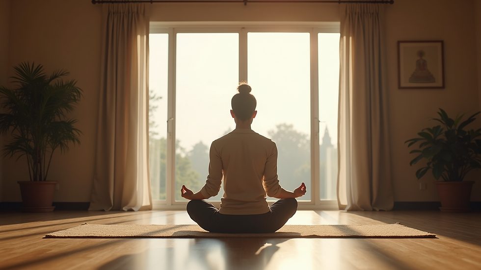 Eye-level view of a person meditating in a quiet room