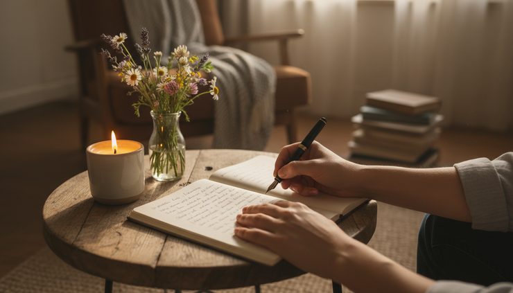 Eye-level view of a person writing in a journal beside a small vase of flowers and a candle.