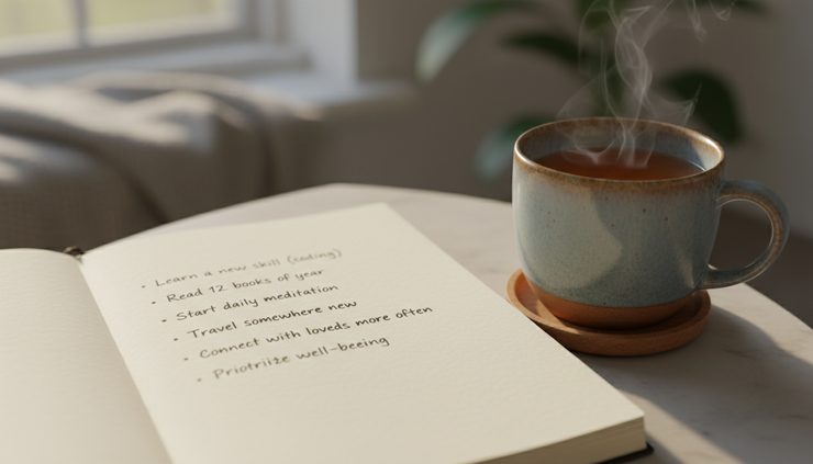 Close-up view of a handwritten list of personal goals beside a warm cup of tea.