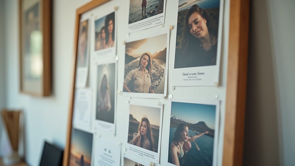 Close-up view of a vision board with pictures and motivational quotes