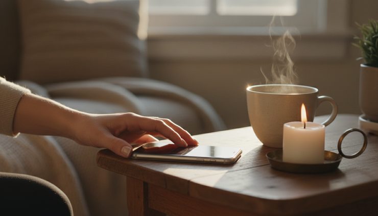 Close-up view of a hand placing a smartphone face down beside a cup of tea.
