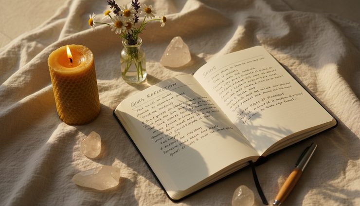 Overhead view of an open journal with handwritten goals beside crystals and a lit candle.