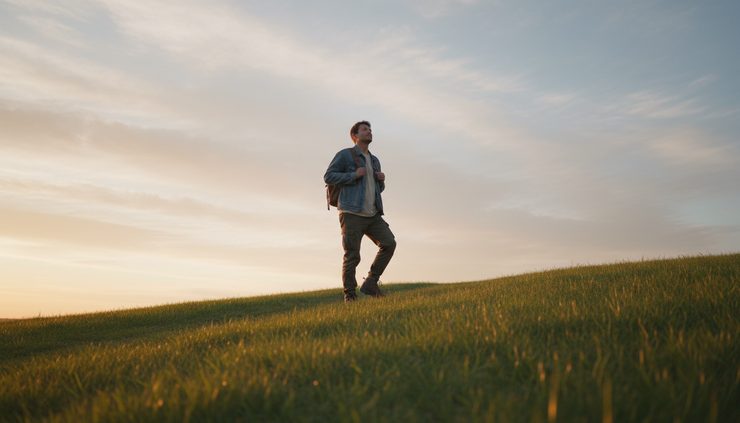 Low-angle view of a person walking up a sunlit hill with a small backpack.