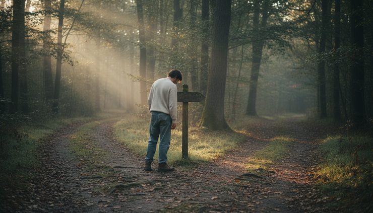 Eye-level view of a person standing at a quiet trail split in the woods