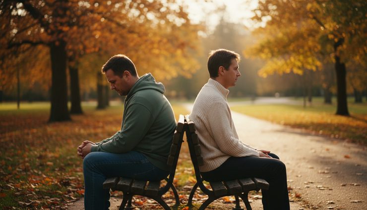 Wide-angle view of two friends sitting apart on a park bench while one looks toward a walking path.