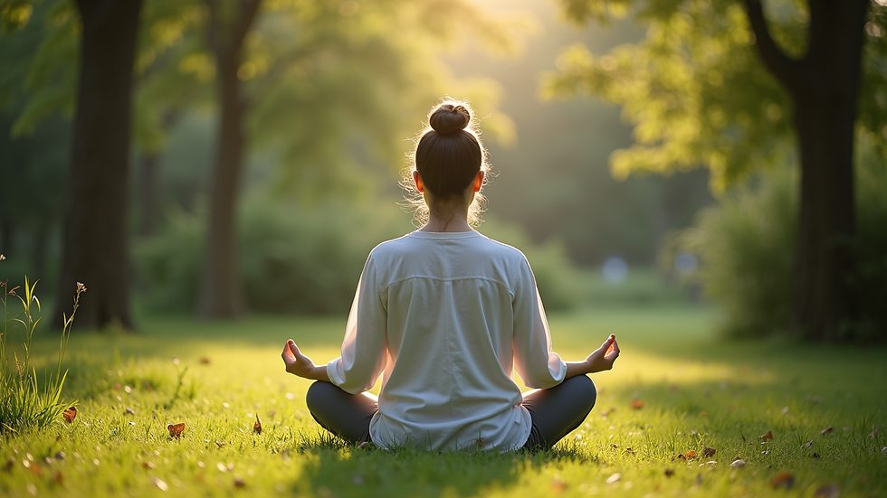 Eye-level view of a person meditating in a peaceful garden