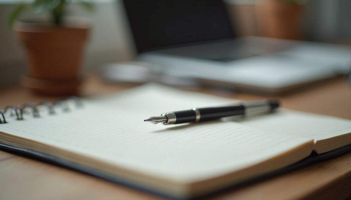 Eye-level view of a journal and pen on a wooden desk