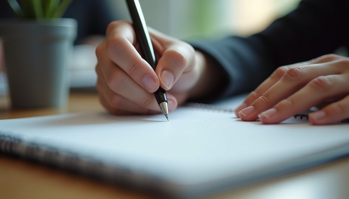Close-up view of a hand writing in a notebook with a pen