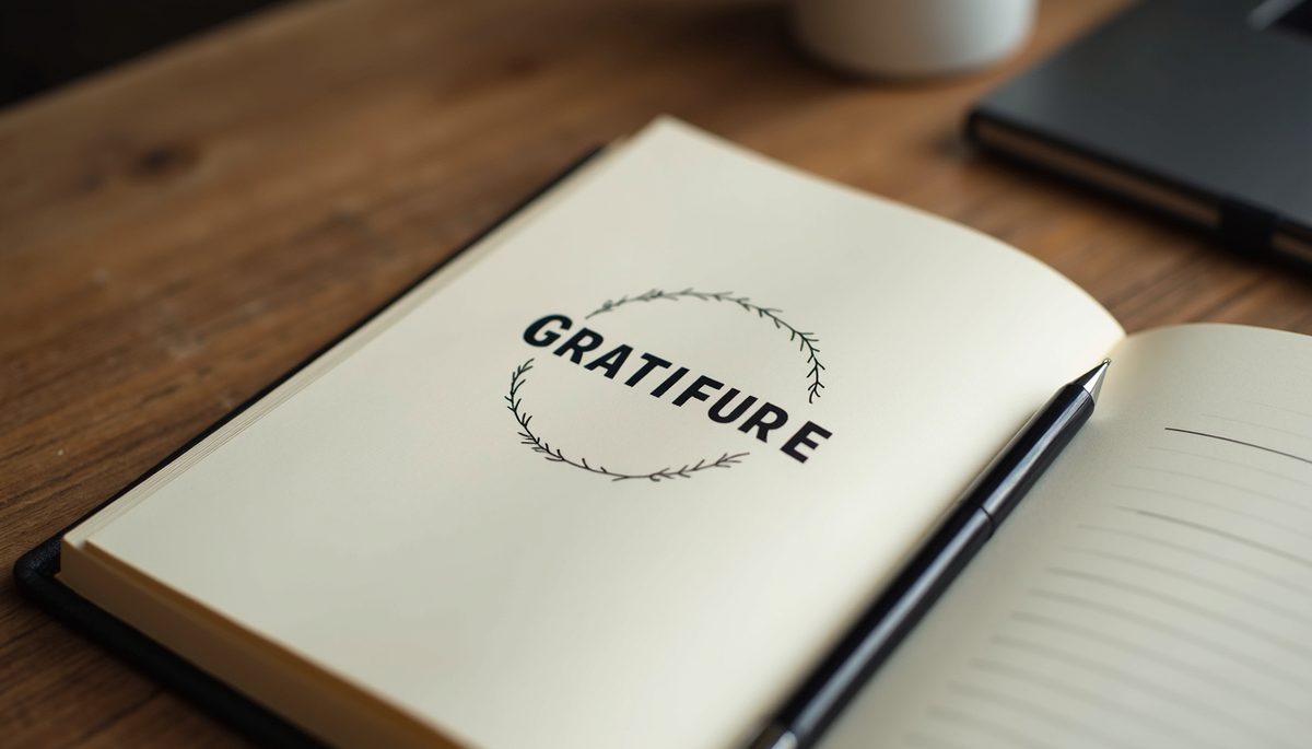 High angle view of a gratitude journal with a pen on a table