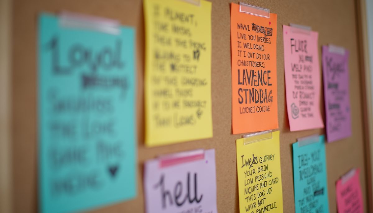 Close-up view of a colorful vision board with inspiring images and words