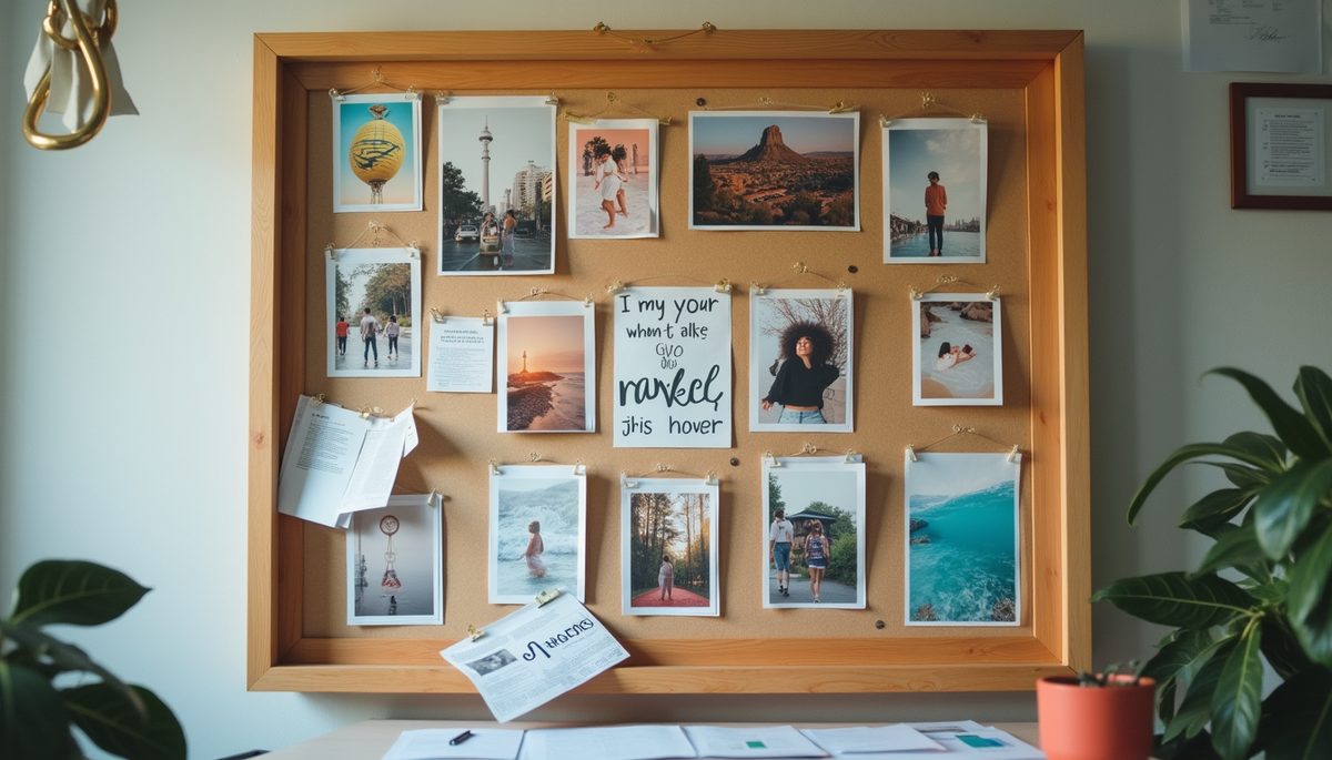 Eye-level view of a vision board filled with colorful images and motivational quotes