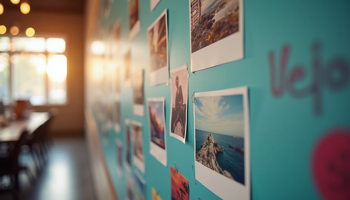Eye-level view of a vision board with colorful images and motivational words