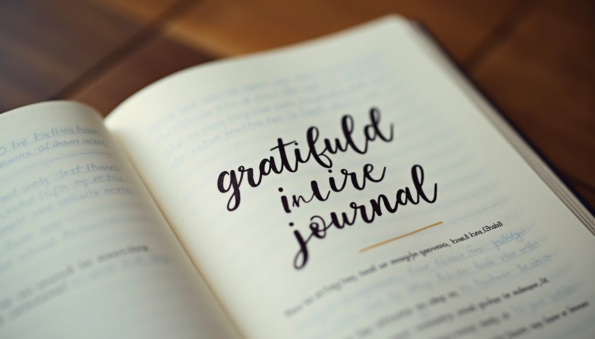 Close-up view of a gratitude journal with handwritten positive notes