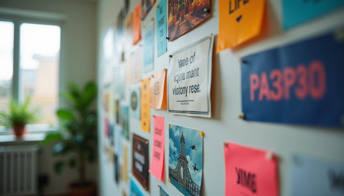 Eye-level view of a vision board filled with colorful images and motivational quotes