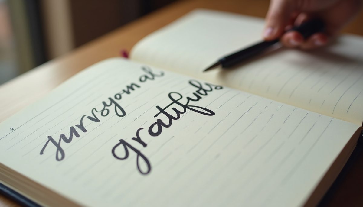 Close-up view of a gratitude journal with handwritten notes and a pen