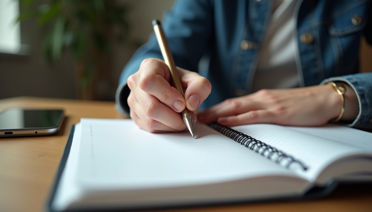 Eye-level view of a person writing goals in a notebook