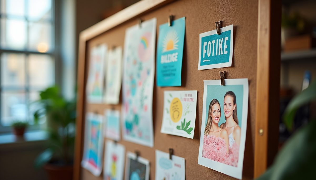 Eye-level view of a vision board with colorful images and motivational words