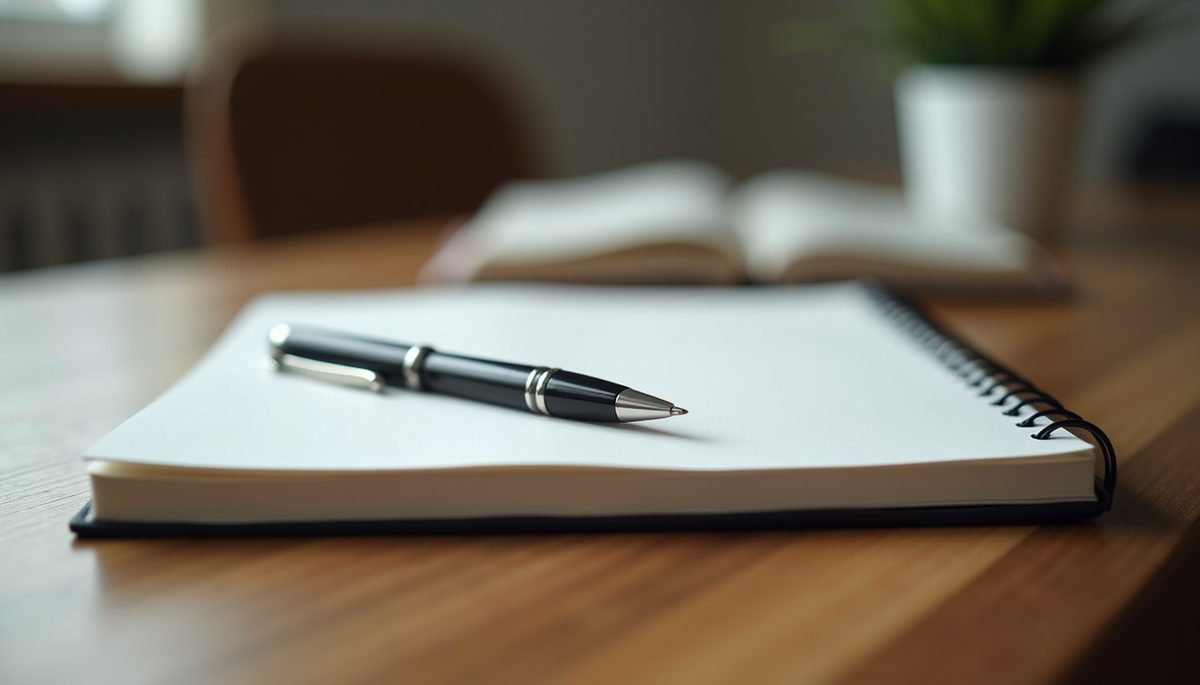 Eye-level view of a journal and pen on a wooden desk
