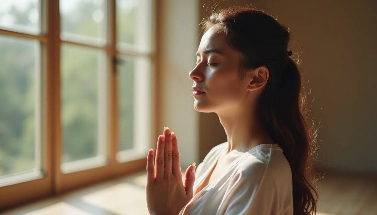 Close-up view of a person meditating with eyes closed in a peaceful room