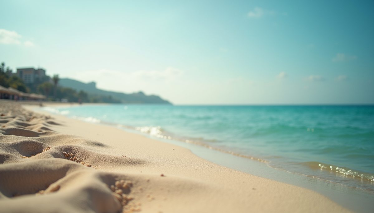 High angle view of a tranquil beach postcard