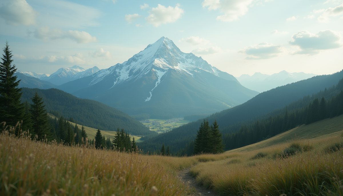 Wide angle view of nature landscape focusing on a peaceful mountain