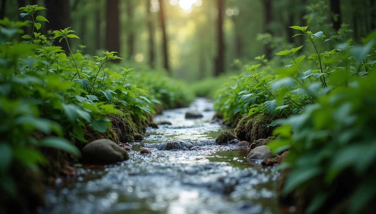 High angle view of a tranquil water stream surrounded by lush greenery
