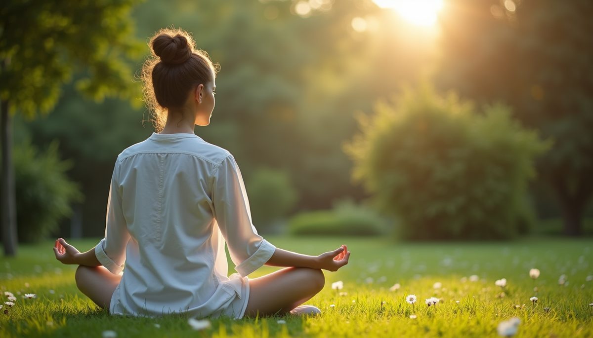 Eye-level view of a person meditating in a peaceful garden
