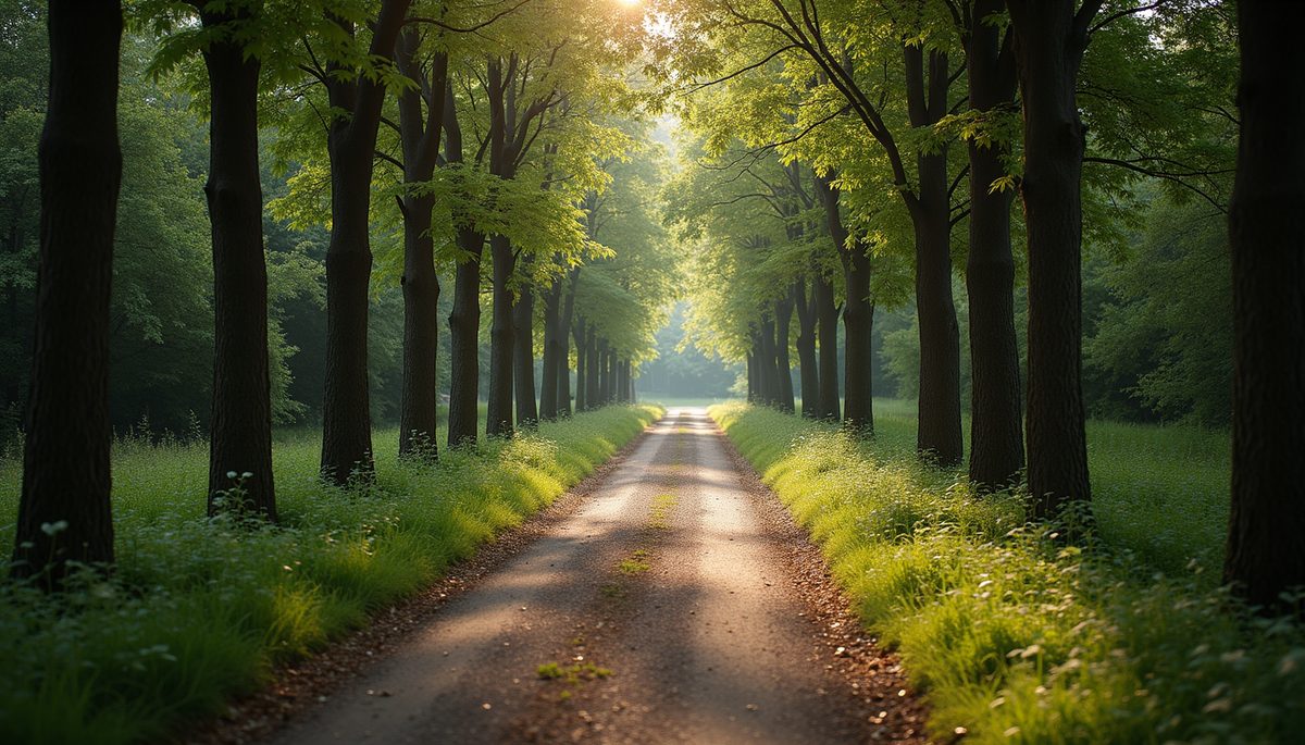 Wide angle view of a tranquil nature path surrounded by trees
