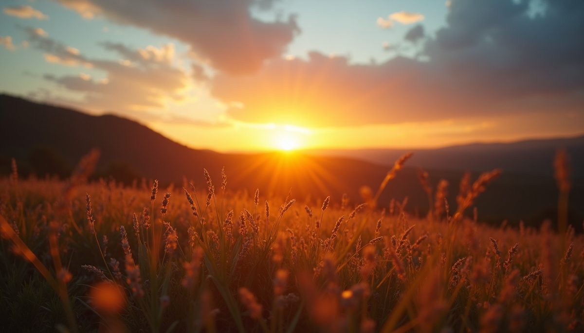 Eye-level view of a sunrise illuminating a serene landscape