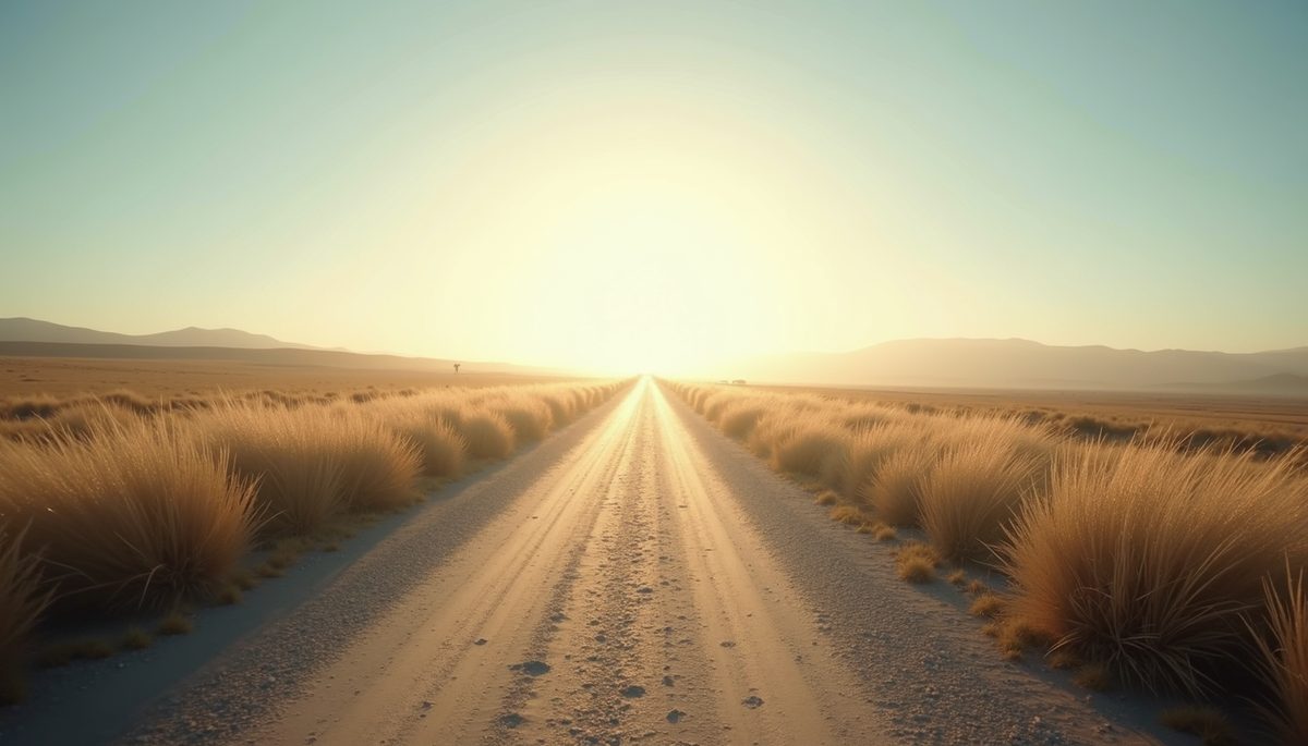 Wide angle view of a clear path leading into a bright horizon