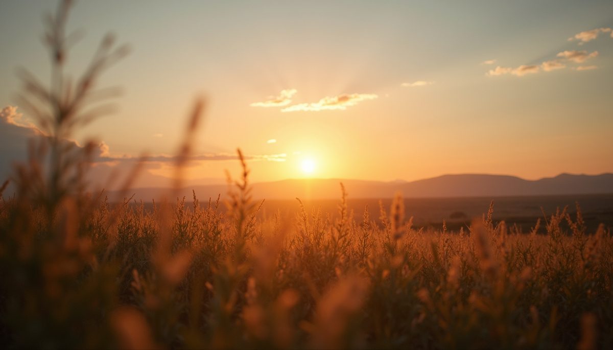 Eye-level view of a serene landscape with a sun rising