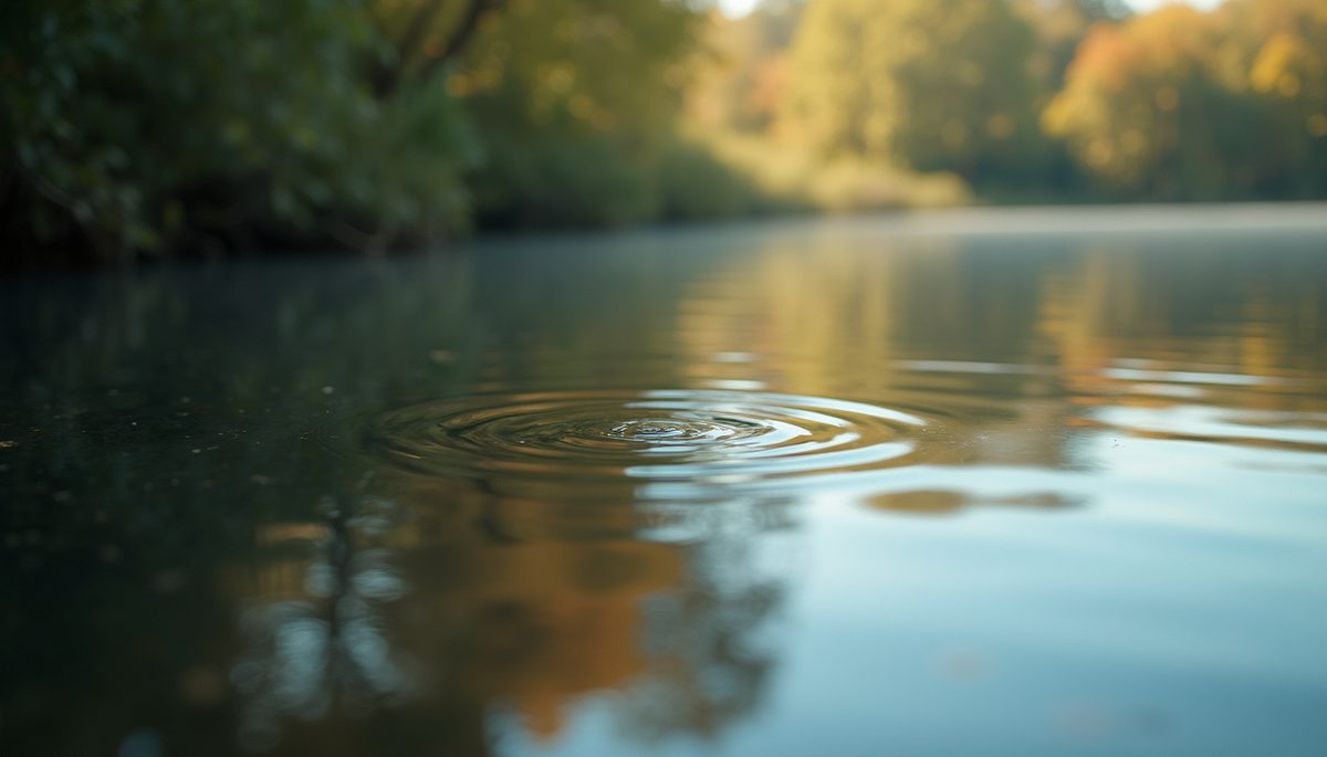 Close-up of a calm water surface reflecting trees