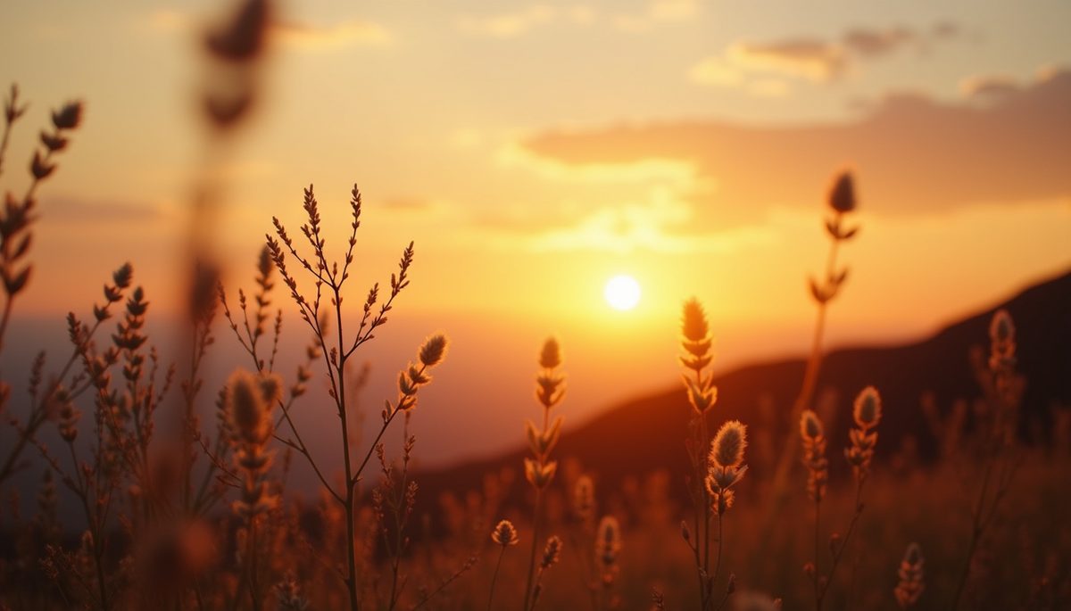 Wide-angle view of a serene landscape during sunset