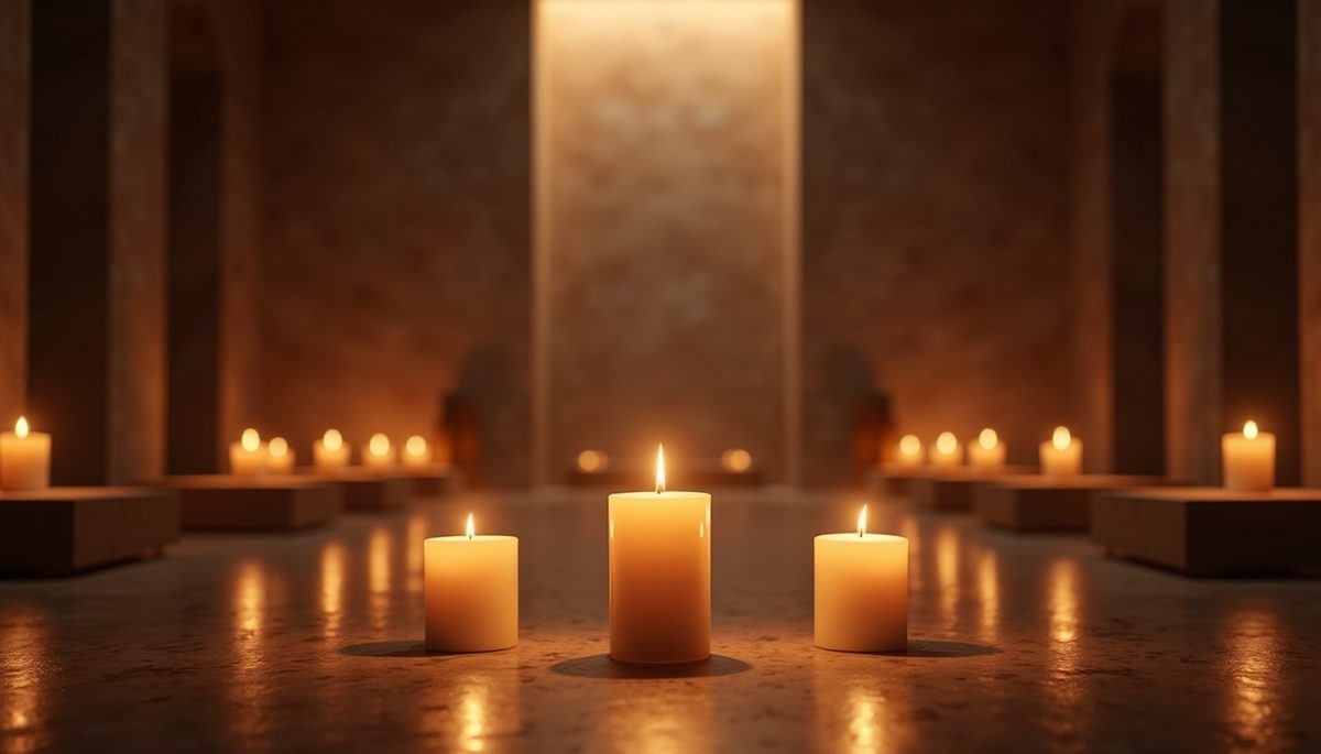Eye-level view of a peaceful meditation space with candles