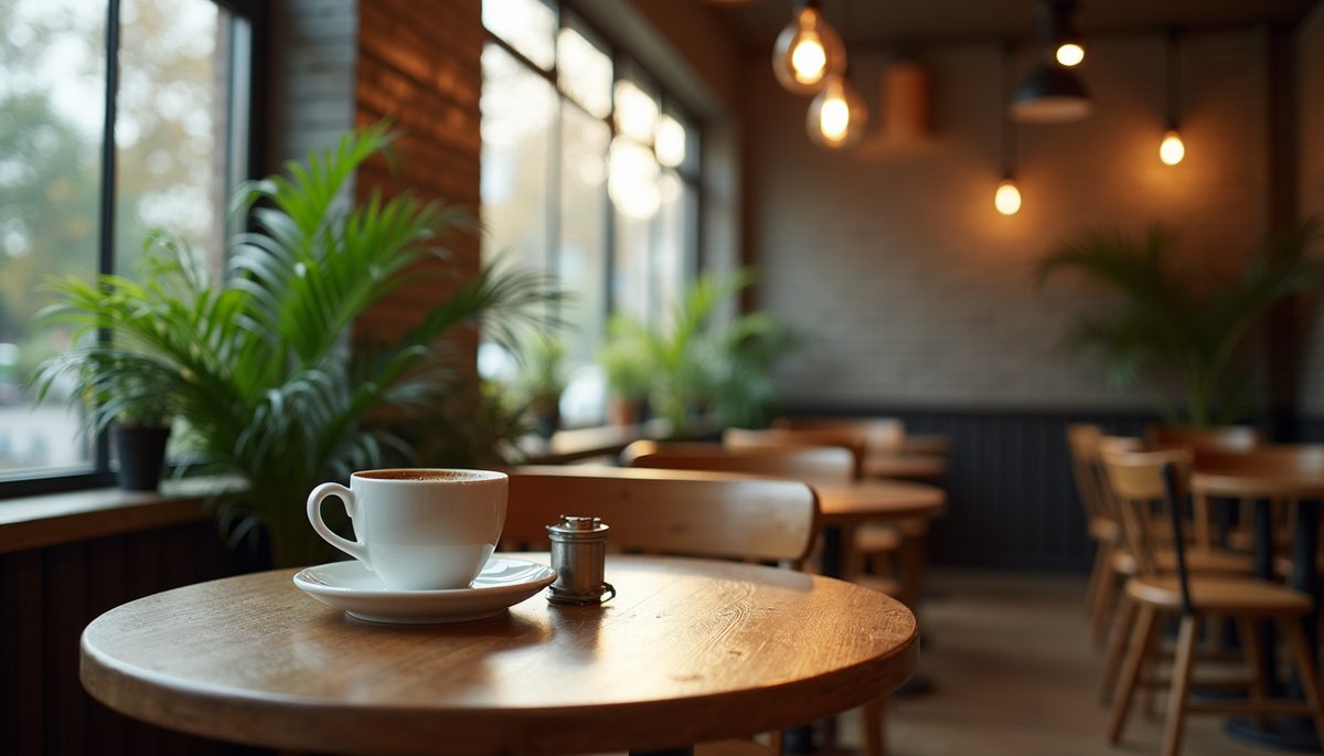 High angle view of a cozy coffee shop setting with plants