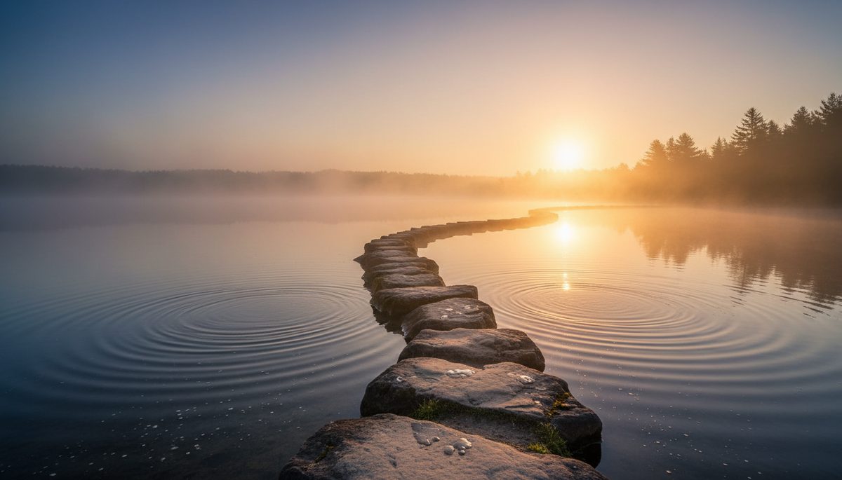 Wide-angle view of a single stone path crossing a misty lake at sunrise