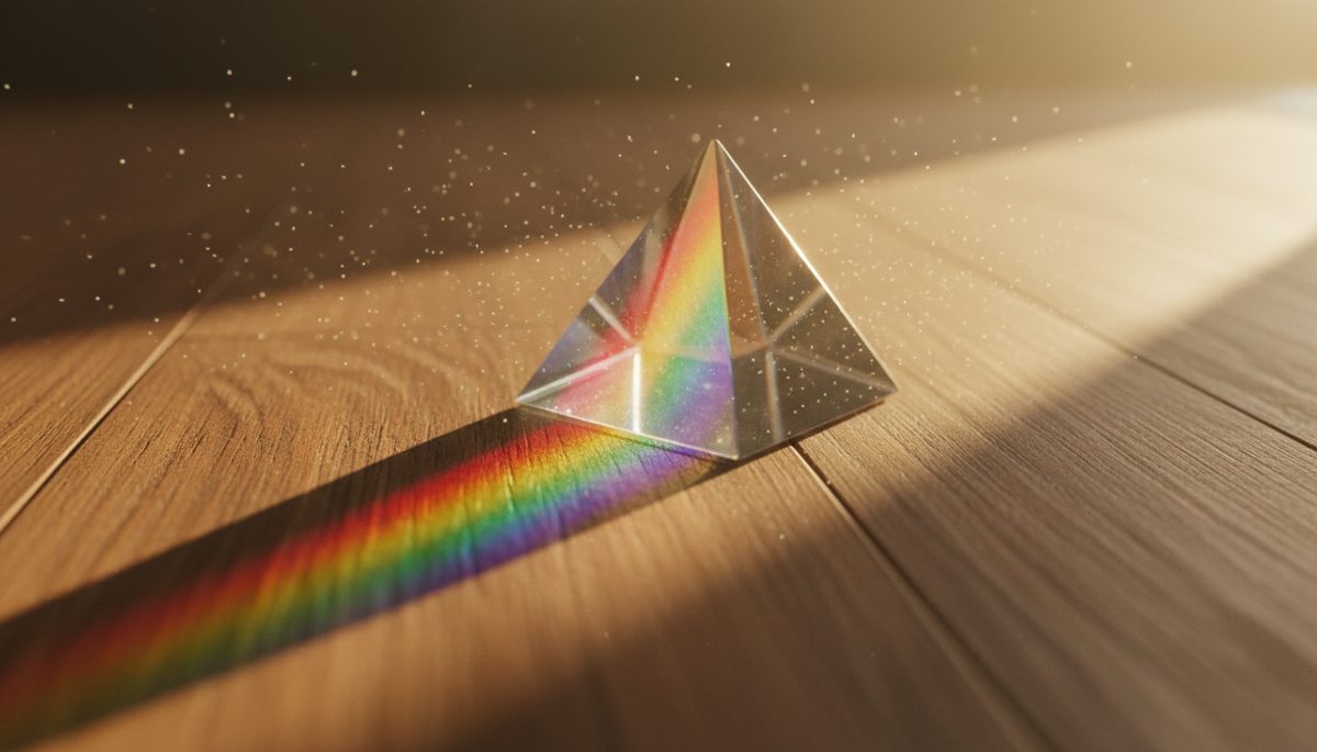 Close-up view of a glass prism splitting sunlight into clear colors on a wooden floor