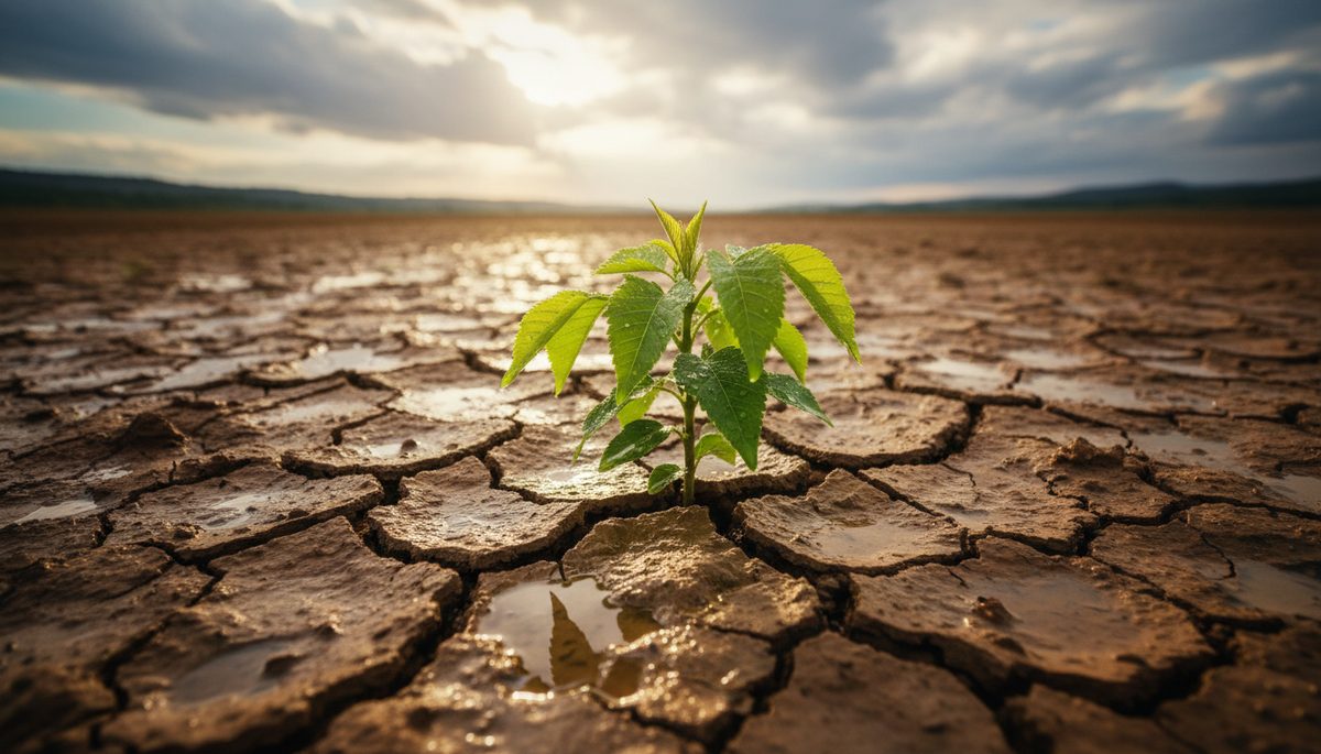 Eye-level view of a young tree growing through cracked dry ground after rain